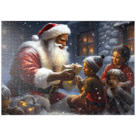 Darstellung des Puzzle-Motivs Der Weihnachtsmann verteilt Geschenke an fröhliche Kinder – Puzzleteile: 1000