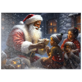 Darstellung des Puzzle Motivs Der Weihnachtsmann verteilt Geschenke an fröhliche Kinder - Puzzleteile: 200