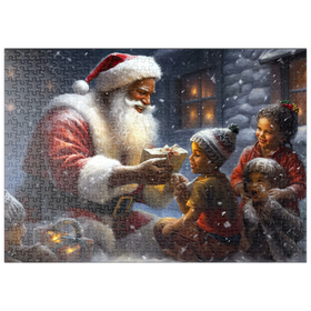 Darstellung des Puzzle-Motivs Der Weihnachtsmann verteilt Geschenke an fröhliche Kinder – Puzzleteile: 500