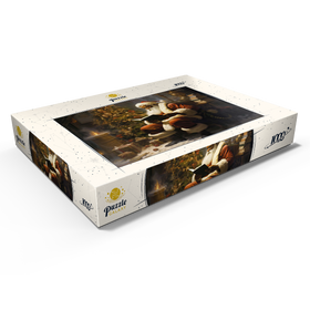 Darstellung des Puzzle Motivs Der Weihnachtsmann liest am Weihnachtsbaum - Puzzleteile: 1000