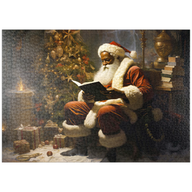 Darstellung des Puzzle Motivs Der Weihnachtsmann liest am Weihnachtsbaum - Puzzleteile: 1000
