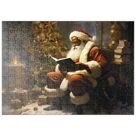 Darstellung des Puzzle Motivs Der Weihnachtsmann liest am Weihnachtsbaum - Puzzleteile: 200