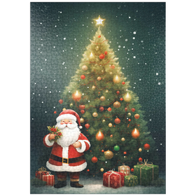 Darstellung des Puzzle-Motivs Weihnachtsmann mit Weihnachtsbaum und Geschenken – Puzzleteile: 1000