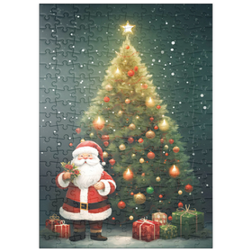 Darstellung des Puzzle-Motivs Weihnachtsmann mit Weihnachtsbaum und Geschenken – Puzzleteile: 200