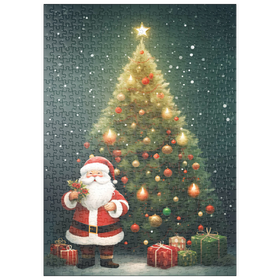 Darstellung des Puzzle-Motivs Weihnachtsmann mit Weihnachtsbaum und Geschenken – Puzzleteile: 500