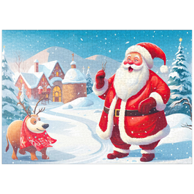 Darstellung des Puzzle-Motivs Weihnachtsmann und Rentiere im Winterdorf – Puzzleteile: 1000