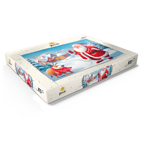 Darstellung des Puzzle Motivs Weihnachtsmann und Rentiere im Winterdorf - Puzzleteile: 100