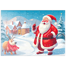 Darstellung des Puzzle Motivs Weihnachtsmann und Rentiere im Winterdorf - Puzzleteile: 100