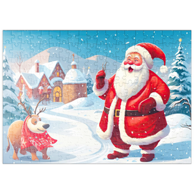 Darstellung des Puzzle Motivs Weihnachtsmann und Rentiere im Winterdorf - Puzzleteile: 200