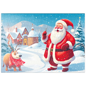 Darstellung des Puzzle-Motivs Weihnachtsmann und Rentiere im Winterdorf – Puzzleteile: 500