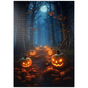 Darstellung des Puzzle-Motivs Gespensterwald mit leuchtenden Jack-o'-Lanterns – Puzzleteile: 1000