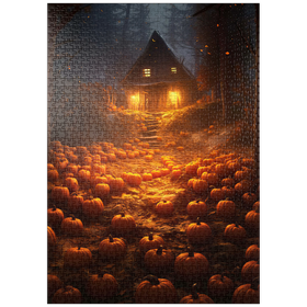 Darstellung des Puzzle Motivs Kürbisbeleuchteter Weg zur Geisterhütte - Puzzleteile: 1000