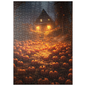 Darstellung des Puzzle Motivs Kürbisbeleuchteter Weg zur Geisterhütte - Puzzleteile: 500