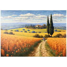 Darstellung des Puzzle-Motivs Goldene Felder der Toskana mit Zypressen – Puzzleteile: 1000