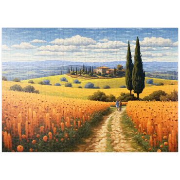 Darstellung des Puzzle Motivs puzzleplate Golden Fields of Tuscany with Cypress Trees 1000 Puzzle