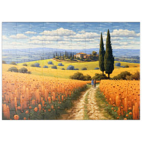 Darstellung des Puzzle Motivs Goldene Felder der Toskana mit Zypressen - Puzzleteile: 100