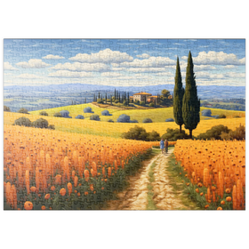 Darstellung des Puzzle Motivs Goldene Felder der Toskana mit Zypressen - Puzzleteile: 500