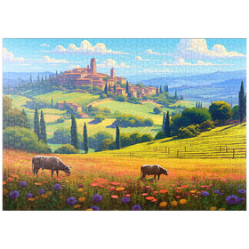 Darstellung des Puzzle-Motivs Toskanische Landschaften mit Wildblumen und sanften Hügeln – Puzzleteile: 1000