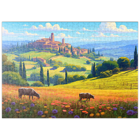 Darstellung des Puzzle-Motivs Toskanische Landschaften mit Wildblumen und sanften Hügeln – Puzzleteile: 500