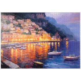 Darstellung des Puzzle-Motivs Positano in der Dämmerung mit Reflektionen – Puzzleteile: 1000