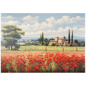 Darstellung des Puzzle-Motivs Toskanische Landschaft mit rotem Mohnfeld – Puzzleteile: 1000