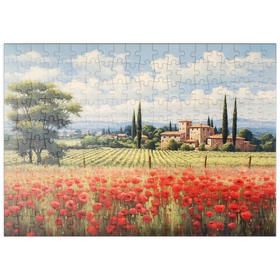 Darstellung des Puzzle-Motivs Toskanische Landschaft mit rotem Mohnfeld – Puzzleteile: 200