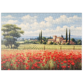 Darstellung des Puzzle-Motivs Toskanische Landschaft mit rotem Mohnfeld – Puzzleteile: 500