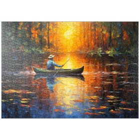 Darstellung des Puzzle-Motivs Kanufahrt im Sonnenlicht auf einem ruhigen See – Puzzleteile: 1000