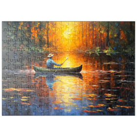Darstellung des Puzzle Motivs Kanufahrt im Sonnenlicht auf einem ruhigen See - Puzzleteile: 200