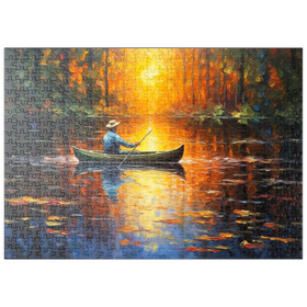 Darstellung des Puzzle Motivs Kanufahrt im Sonnenlicht auf einem ruhigen See - Puzzleteile: 500
