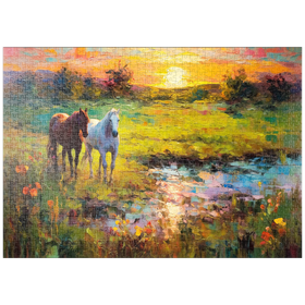 Darstellung des Puzzle Motivs Weidende Pferde am Sunset Pond - Puzzleteile: 1000