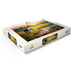Darstellung des Puzzle Motivs Weidende Pferde am Sunset Pond - Puzzleteile: 100