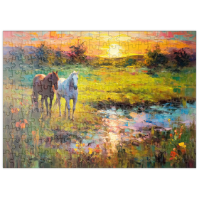 Darstellung des Puzzle-Motivs Weidende Pferde am Sunset Pond – Puzzleteile: 200