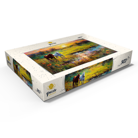 Darstellung des Puzzle Motivs Weidende Pferde am Sunset Pond - Puzzleteile: 500