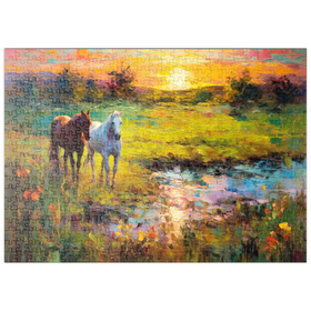 Darstellung des Puzzle-Motivs Weidende Pferde am Sunset Pond – Puzzleteile: 500