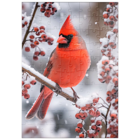 Darstellung des Puzzle Motivs Nordkardinal auf verschneitem Ast - Puzzleteile: 100