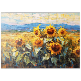 Darstellung des Puzzle Motivs Goldene Sonnenblumen in Sommerfeldern - Puzzleteile: 100