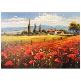 Darstellung des Puzzle-Motivs Mohnfelder in der toskanischen Landschaft – Puzzleteile: 1000