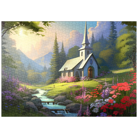 Darstellung des Puzzle Motivs Charmante Kirche in einem Bergtal - Puzzleteile: 1000