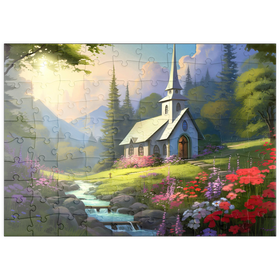 Darstellung des Puzzle Motivs Charmante Kirche in einem Bergtal - Puzzleteile: 100