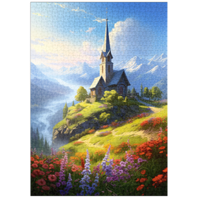 Darstellung des Puzzle-Motivs Kapelle auf dem Hügel mit Bergblick – Puzzleteile: 1000