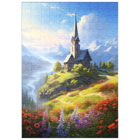Darstellung des Puzzle Motivs Kapelle auf dem Hügel mit Bergblick - Puzzleteile: 200