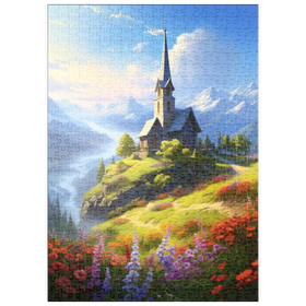 Darstellung des Puzzle Motivs Kapelle auf dem Hügel mit Bergblick - Puzzleteile: 500