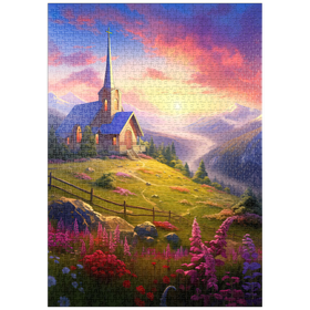 Darstellung des Puzzle-Motivs Kapelle bei Sonnenuntergang mit lebendiger Bergkulisse – Puzzleteile: 1000