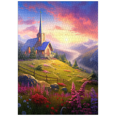 puzzleplate Sunset Chapel with Vibrant Mountain Scenery 1000 Puzzle
