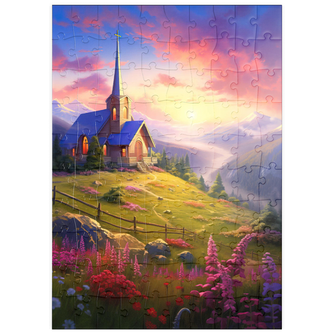 puzzleplate Sunset Chapel with Vibrant Mountain Scenery 100 Puzzle