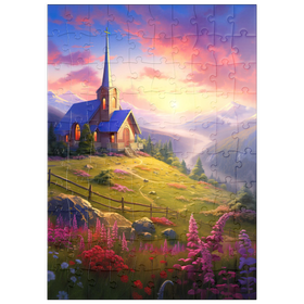 Darstellung des Puzzle Motivs Kapelle bei Sonnenuntergang mit lebendiger Bergkulisse - Puzzleteile: 100