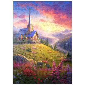 Darstellung des Puzzle Motivs Kapelle bei Sonnenuntergang mit lebendiger Bergkulisse - Puzzleteile: 200