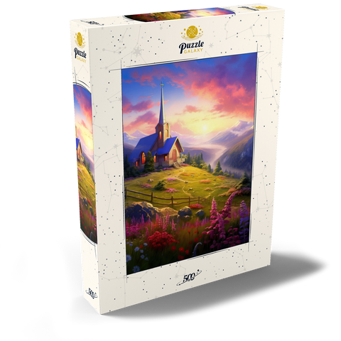 Sunset Chapel with Vibrant Mountain Scenery 500 Puzzle Schachtel Ansicht2