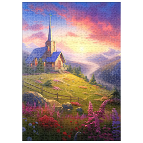 Darstellung des Puzzle Motivs Kapelle bei Sonnenuntergang mit lebendiger Bergkulisse - Puzzleteile: 500
